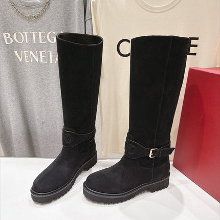 VALENTINO 26S KNEE HIGH BOOTS IN BLACK SUEDE WITH LOGO STRAP