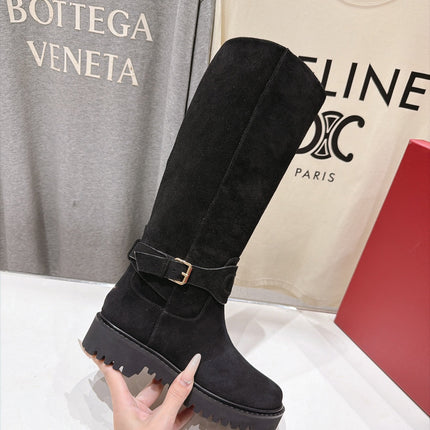 VALENTINO 26S KNEE HIGH BOOTS IN BLACK SUEDE WITH LOGO STRAP