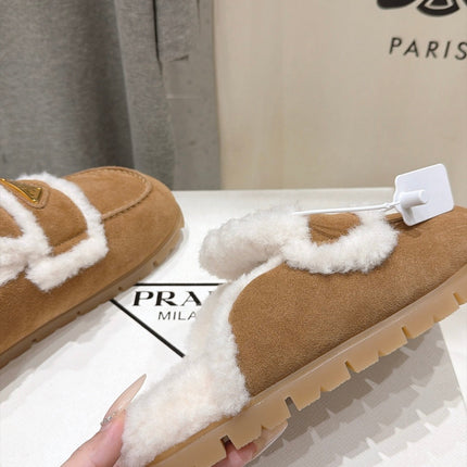 PRADA 26S MULE LOAFERS IN BROWN SUEDE SHEARLING LINED