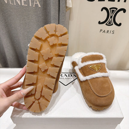 PRADA 26S MULE LOAFERS IN BROWN SUEDE SHEARLING LINED