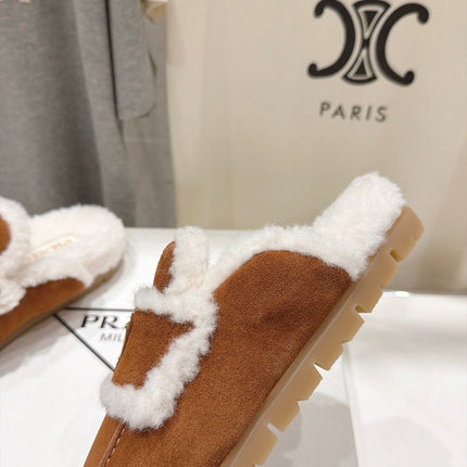 PRADA 26S MULE LOAFERS IN CARAMEL BROWN SUEDE SHEARLING LINED