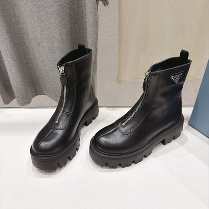 PRADA 26S FRONT ZIP CHUNKY HEEL ANKLE BOOTS IN BLACK CALFSKIN SILVER HARDWARE
