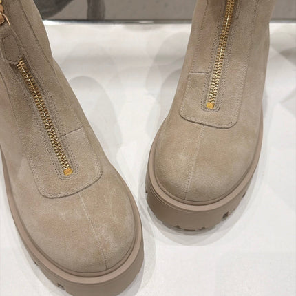 PRADA 26S FRONT ZIP CHUNKY HEEL ANKLE BOOTS IN BEIGE SUEDE GOLD HARDWARE