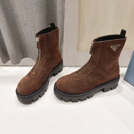 PRADA 26S FRONT ZIP CHUNKY HEEL ANKLE BOOTS IN DARK BROWN SUEDE GOLD HARDWARE