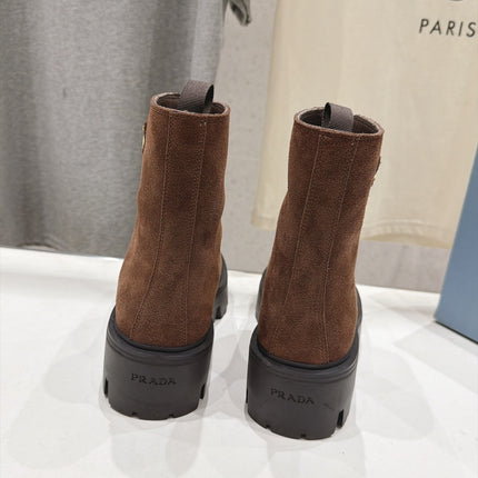 PRADA 26S FRONT ZIP CHUNKY HEEL ANKLE BOOTS IN DARK BROWN SUEDE GOLD HARDWARE