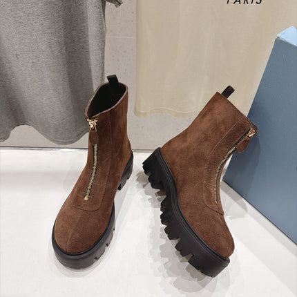 PRADA 26S FRONT ZIP CHUNKY HEEL ANKLE BOOTS IN DARK BROWN SUEDE GOLD HARDWARE