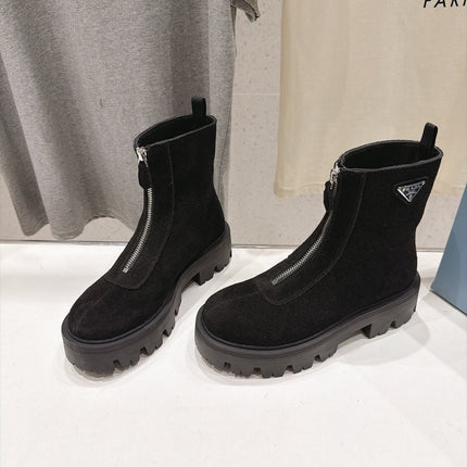 PRADA 26S FRONT ZIP CHUNKY HEEL ANKLE BOOTS IN BLACK SUEDE SILVER HARDWARE