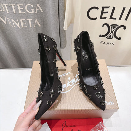 CHRISTIAN LOUBOUTIN 26S HIGH HEELS 105 MM IN BLACK SUEDE CRYSTALS AND METAL BEADS