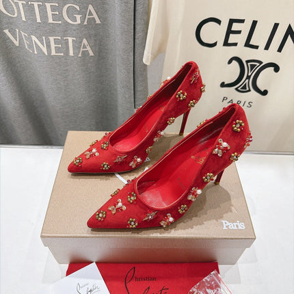 CHRISTIAN LOUBOUTIN 26S HIGH HEELS 105 MM IN RED SUEDE CRYSTALS AND METAL BEADS