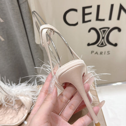 CHRISTIAN LOUBOUTIN 26S FEATHER TRIMMED HEEL SANDALS 105 MM IN LIGHT NUDE SATIN