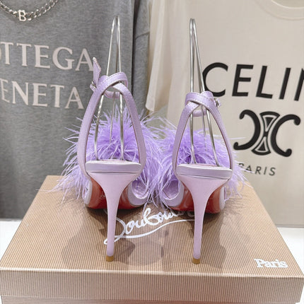 CHRISTIAN LOUBOUTIN 26S FEATHER TRIMMED HEEL SANDALS 105 MM IN LIGHT PURPLE SATIN