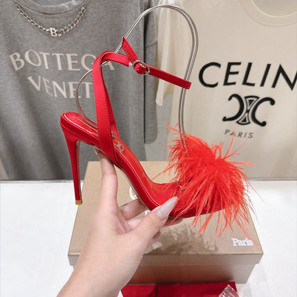 CHRISTIAN LOUBOUTIN 26S FEATHER TRIMMED HEEL SANDALS 105 MM IN RED SATIN