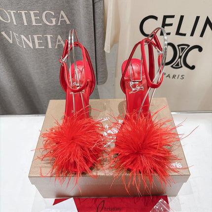 CHRISTIAN LOUBOUTIN 26S FEATHER TRIMMED HEEL SANDALS 105 MM IN RED SATIN