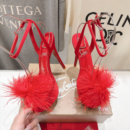 CHRISTIAN LOUBOUTIN 26S FEATHER TRIMMED HEEL SANDALS 150 MM IN RED SATIN
