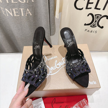 CHRISTIAN LOUBOUTIN 26S HEELED SANDALS 105 MM IN BLACK SUEDE WITH RHINESTONE-EMBELLISHED STRAPS