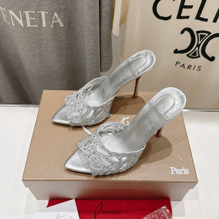 CHRISTIAN LOUBOUTIN 26S HEELED SANDALS 105 MM IN SILVER CALFSKIN WITH RHINESTONE-EMBELLISHED STRAPS