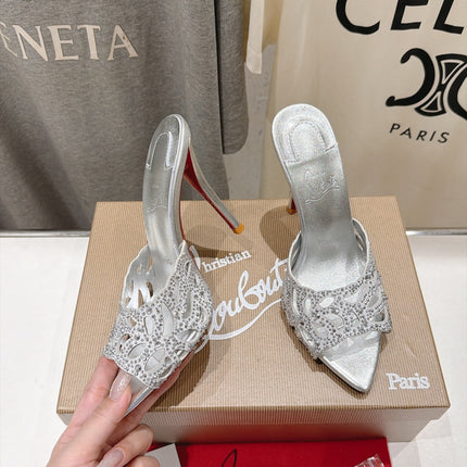 CHRISTIAN LOUBOUTIN 26S HEELED SANDALS 105 MM IN SILVER CALFSKIN WITH RHINESTONE-EMBELLISHED STRAPS