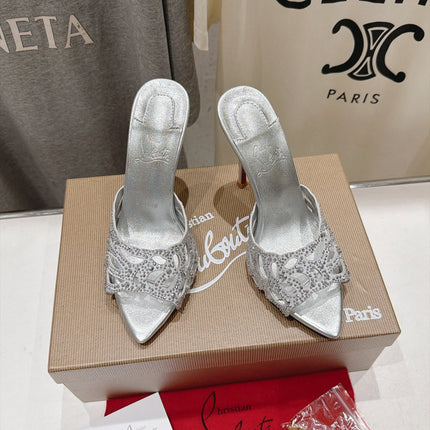 CHRISTIAN LOUBOUTIN 26S HEELED SANDALS 105 MM IN SILVER CALFSKIN WITH RHINESTONE-EMBELLISHED STRAPS