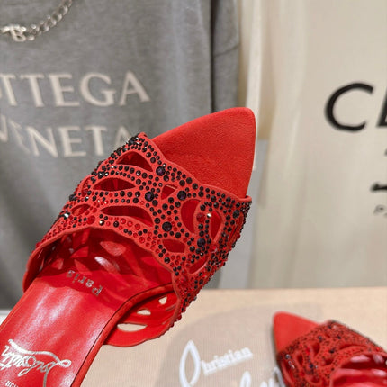 CHRISTIAN LOUBOUTIN 26S HEELED SANDALS 105 MM IN RED SUEDE WITH RHINESTONE-EMBELLISHED STRAPS
