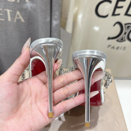 CHRISTIAN LOUBOUTIN 26S HEEL SANDALS 105 MM IN METALLIC SILVER CALFSKIN RHINESTONE-EMBELLISHED