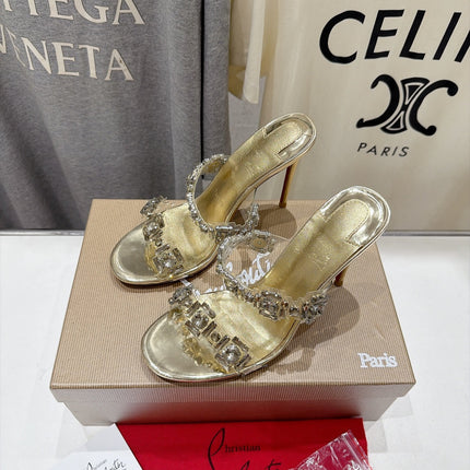 CHRISTIAN LOUBOUTIN 26S HEEL SANDALS 105 MM IN METALLIC GOLD CALFSKIN RHINESTONE-EMBELLISHED