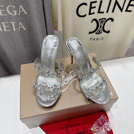 CHRISTIAN LOUBOUTIN 26S HEEL SANDALS 105 MM IN METALLIC SILVER CALFSKIN RHINESTONE-EMBELLISHED