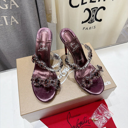 CHRISTIAN LOUBOUTIN 26S HEEL SANDALS 105 MM IN PURPLE METALLIC CALFSKIN RHINESTONE-EMBELLISHED