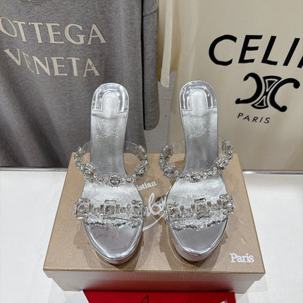 CHRISTIAN LOUBOUTIN 26S HEEL SANDALS 150 MM IN METALLIC SILVER CALFSKIN RHINESTONE-EMBELLISHED