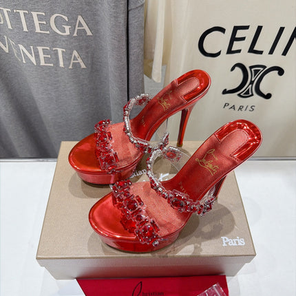 CHRISTIAN LOUBOUTIN 26S HEEL SANDALS 150 MM IN METALLIC RED CALFSKIN RHINESTONE-EMBELLISHED