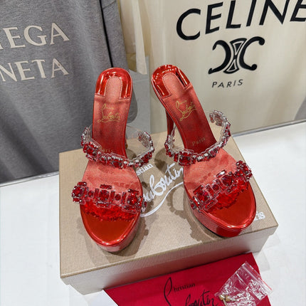 CHRISTIAN LOUBOUTIN 26S HEEL SANDALS 150 MM IN METALLIC RED CALFSKIN RHINESTONE-EMBELLISHED