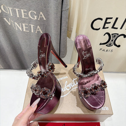 CHRISTIAN LOUBOUTIN 26S HEEL SANDALS 150 MM IN PURPLE METALLIC CALFSKIN RHINESTONE-EMBELLISHED