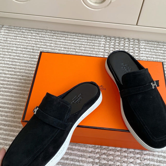 HM 25S MULES IN BLACK SUEDE WITH SILVER HARDWARE