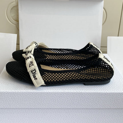DIOR 26S BALLET FLATS IN BLACK MESH WITH J'ADIOR BOW