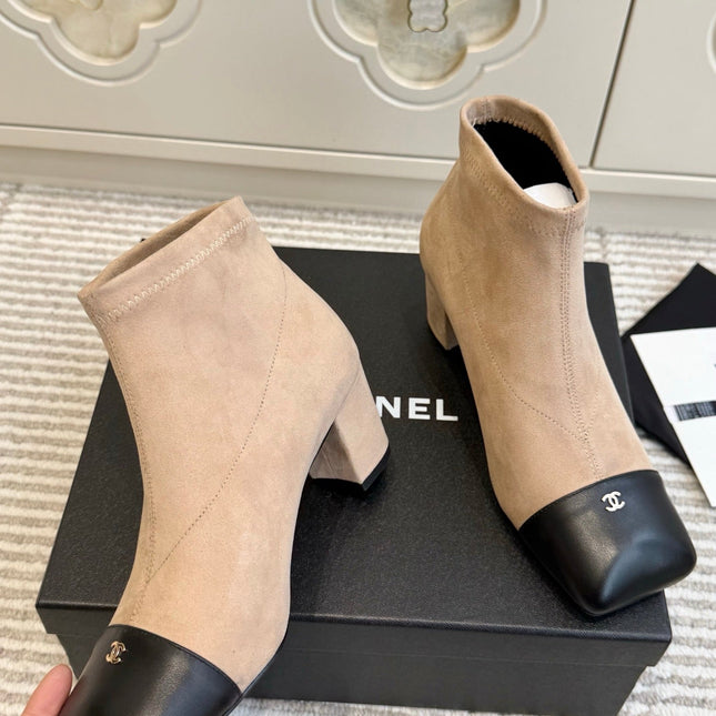 CHANEL 26S ANKLE BOOTS IN BEIGE SUEDE AND BLACK PATENT SQUARE TOE
