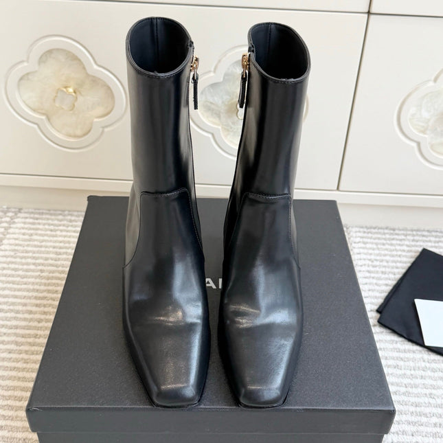 CHANEL 26S HIGH HEEL ANKLE BOOTS 70 MM IN BLACK CALFSKIN SQUARE TOE