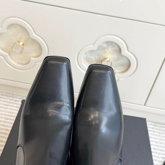 CHANEL 26S HIGH HEEL ANKLE BOOTS 70 MM IN BLACK CALFSKIN SQUARE TOE