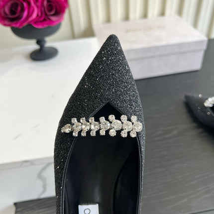 JIMMY CHOO 26S BALLET FLATS IN BLACK GLITTER