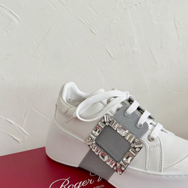 VIV' SKATE SNEAKERS IN WHITE CALFSKIN SILVER GLITTER STRAP AND CRYSTAL BUCKLE