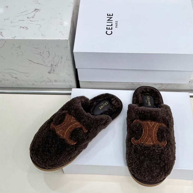 CELINE 25S GEORGIA SLIDE IN SHEARLING IN DARK BROWN