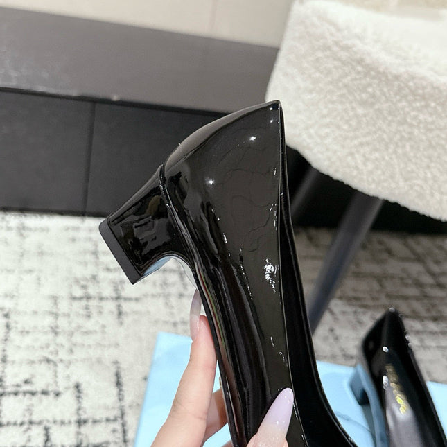 PRADA 25S SQUARE TOE HIGH HEELS IN BLACK GLOSSY CALFSKIN
