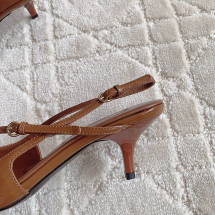 Slingback Ash Brown Leather With Stylized Cross Straps - Mid Heels