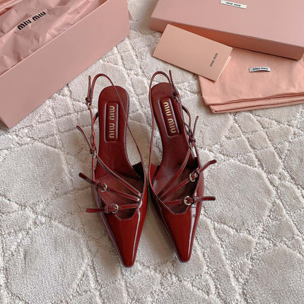 Slingback Ruby Leather With Stylized Cross Straps - Mid Heels