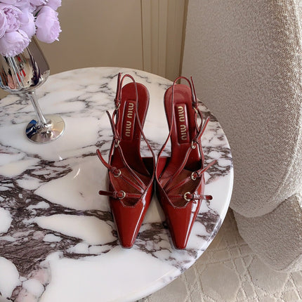 Slingback Ruby Leather With Stylized Cross Straps - High heels