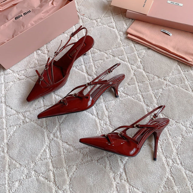 Slingback Ruby Leather With Stylized Cross Straps - High heels