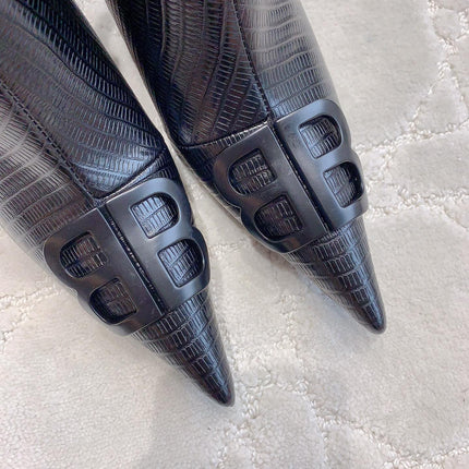 POINTED-TOE HIGH HEEL BOOTS IN BLACK LIZARD EMBOSSED CALFSKIN