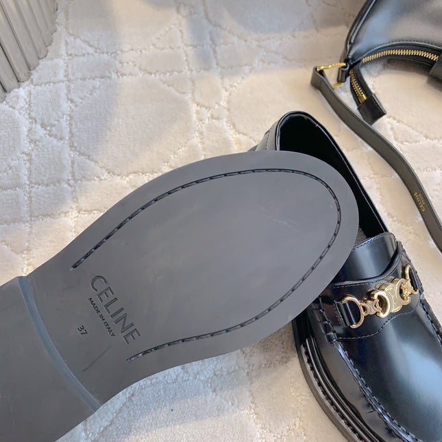 CELINE 25S ARC DE TRIOMPHE LOAFERS IN BLACK SHINY CALFSKIN GOLD HARDWARE