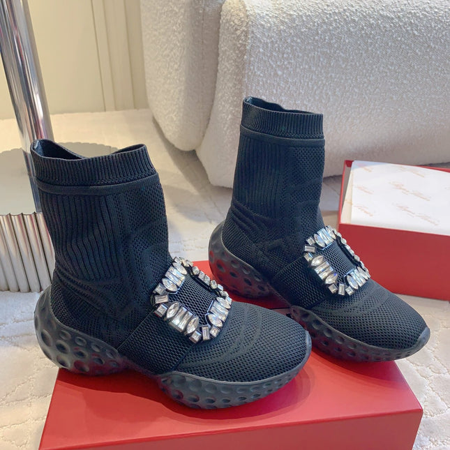 VIV' RUN LIGHT SOCKS ANKLE BOOTS IN BLACK FABRIC STRASS BUCKLE