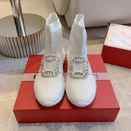 VIV' RUN LIGHT SOCKS ANKLE BOOTS IN WHITE FABRIC STRASS BUCKLE
