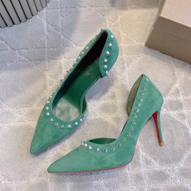 IRIZA PUMPS 85MM IN GREEN SUEDE SILVER SPIKES
