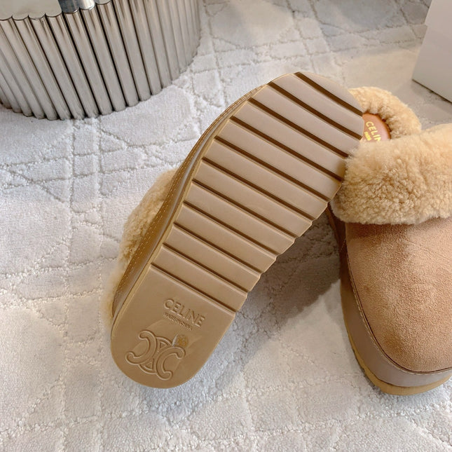 CELINE 25S DANA WEDGE MULE 70MM IN LIGHT BROWN SUEDE CALFSKIN AND SHEARLING